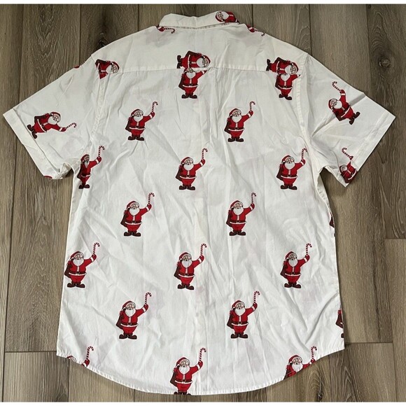 Denim Flower Button Up Shirt Mens L White Santa Claus Christmas Happy Holiday - Picture 5 of 10